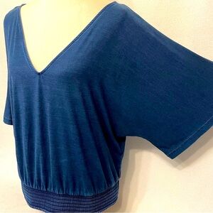 White House Black Market Blue V-Neck Dolman Top Smocked Hem Sz Large